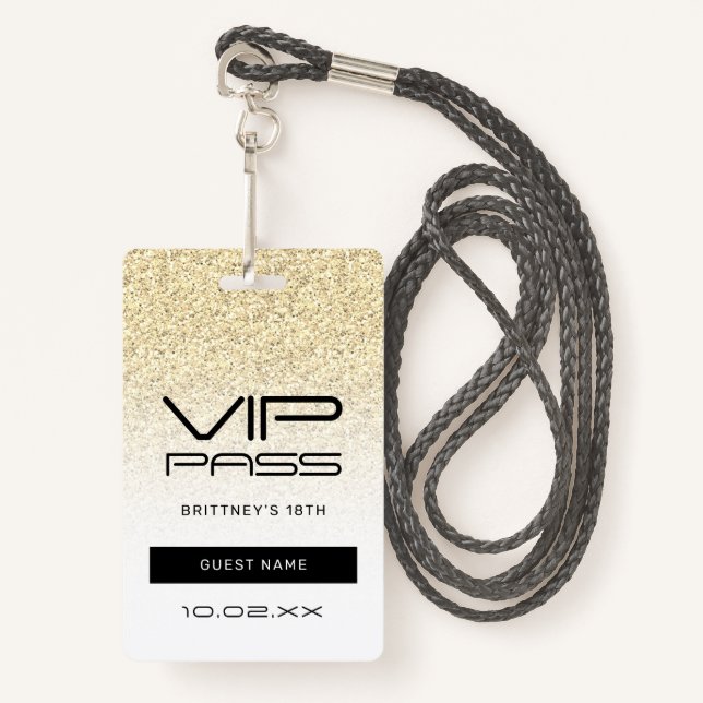 Gold Ombre Glitter Glam VIP Pass 18th Invitation ID Badge (Front with Lanyard)