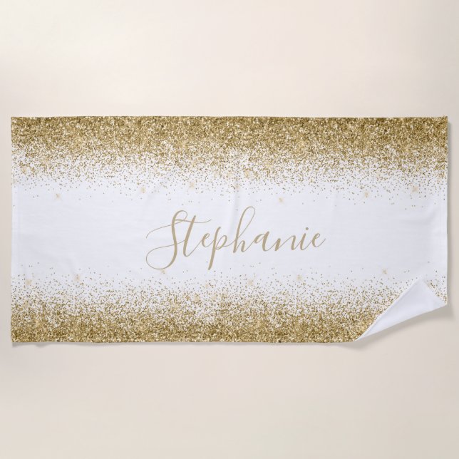 Gold Ombre Glitter Personalised Beach Towel (Front)