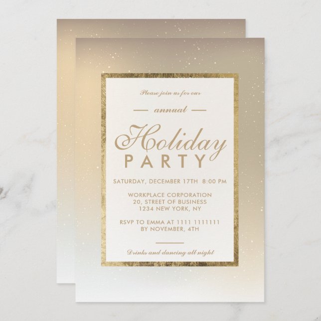 Gold ombre metal snow winter corporate holiday invitation (Front/Back)