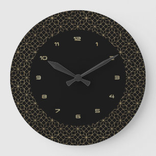 Gold on black art-deco pattern large clock