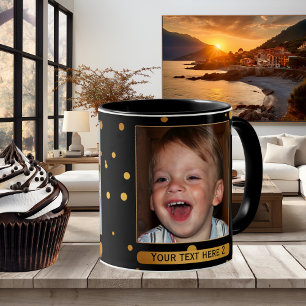 Gold on Black Confetti Personalised Photo Mug