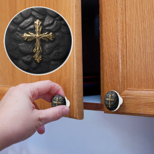 Gold on Black Cross Ceramic Knob