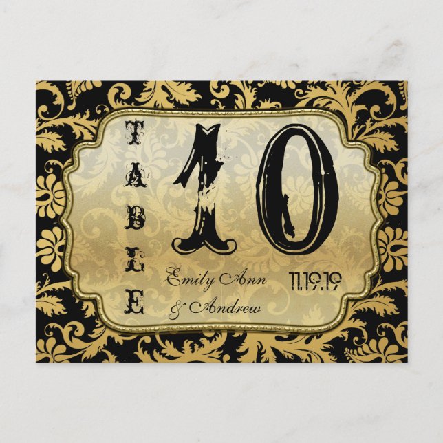Gold on Black Damask Swirls Table Number Postcard (Front)