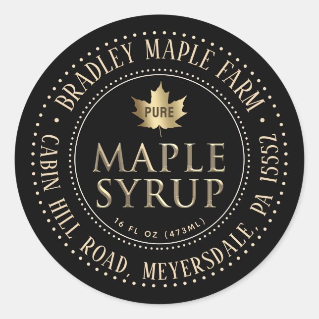 Gold on Black Dotted Border Maple Syrup Label (Front)