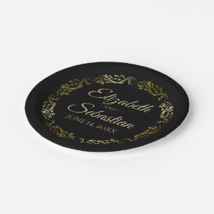 Gold on Black Elegant Floral Filigree Wedding Paper Plate