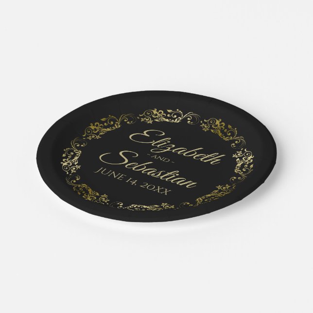 Gold on Black Elegant Floral Filigree Wedding Paper Plate (Angled)