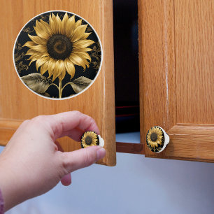 Gold on Black Giant Sunflower Ceramic Knob