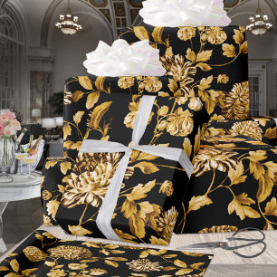 Gold On Black Modern Vintage Floral Toile Wrapping Paper