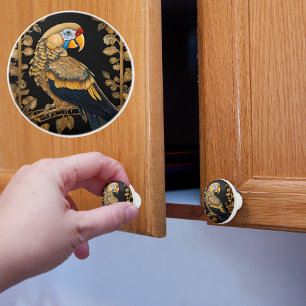 Gold on Black Parrot Ceramic Knob