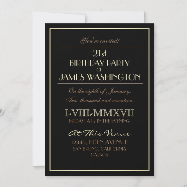 Gold on Black Roman Numerals | 21st Birthday Party Invitation (Front)