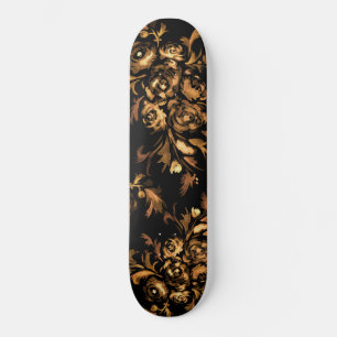 Gold on Black Roses Floral Pattern Skateboard