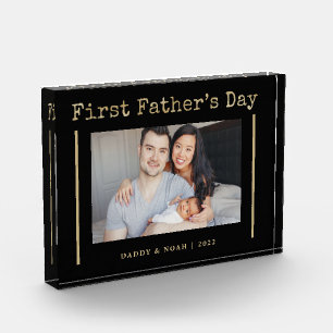 Gold on Black Typewriter Text   First Father's Day Photo Block