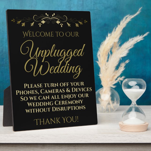 Gold on Black Unplugged Wedding Plaque (Side)