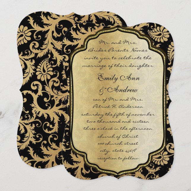 Gold on Black Vintage Damask Wedding Invitation (Front/Back)