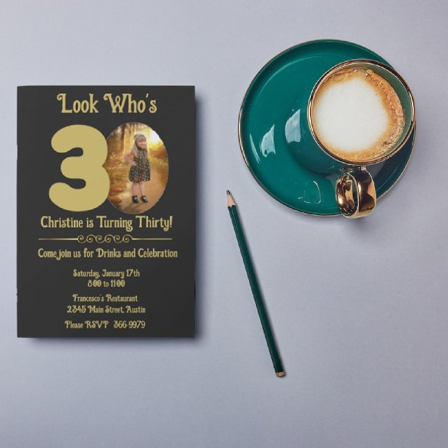 Gold on Black with photo 30th Birthday  Invitation (Creator Uploaded)
