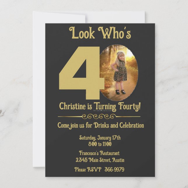 Gold on Black with photo 40th Birthday  Invitation (Front)