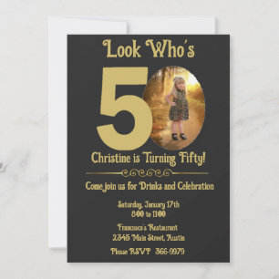 Gold on Black with photo 50th Birthday  Invitation