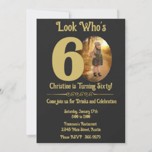 Gold on Black with photo 60th Birthday  Invitation