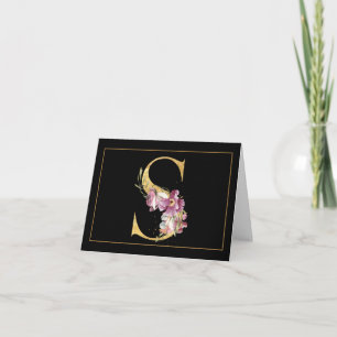 GOLD on BLACK WITH PIN FLORAL MONOGRAM S Note Card