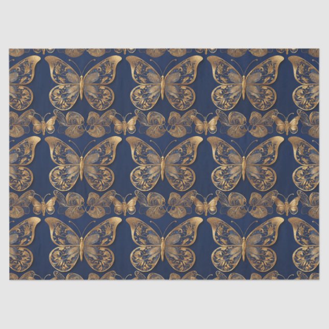 Gold On Blue Butterflies Decoupage Tissue  Tissue Paper (Front)
