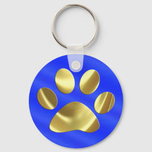 Gold on Blue Cat Paw Print Key Ring