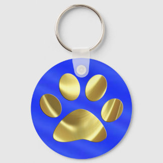 Gold on Blue Cat Paw Print Key Ring