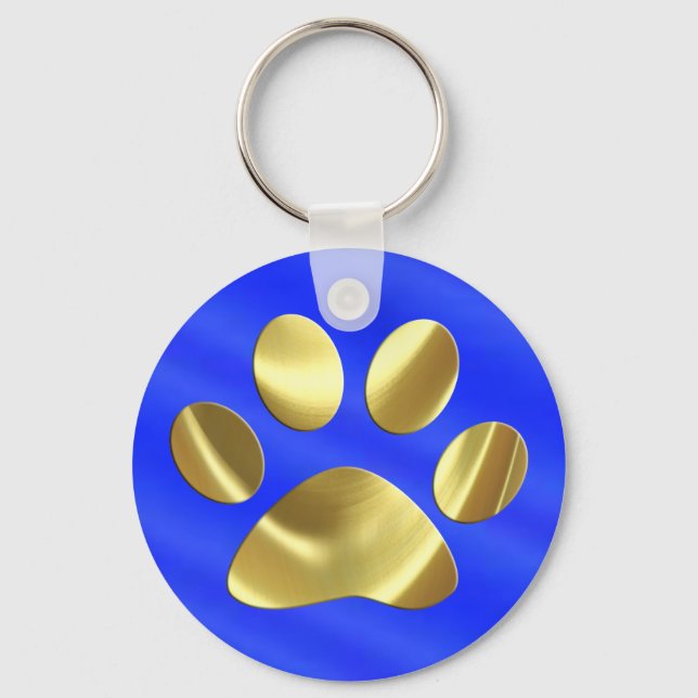 Gold on Blue Cat Paw Print Key Ring (Front)