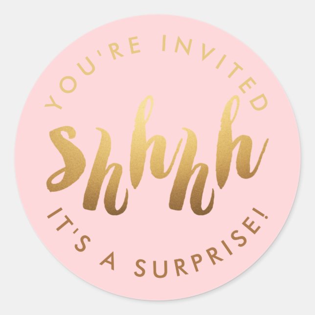 Gold on Blush Shh Surprise Custom Colour Birthday Classic Round Sticker (Front)