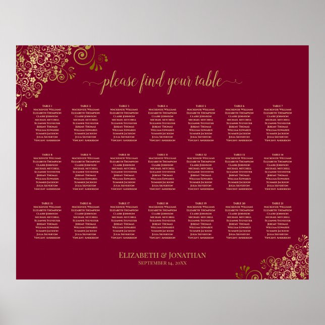 Gold on Burgundy 21 Table Wedding Seating Chart (Front)
