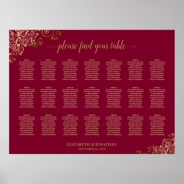Gold on Burgundy 21 Table Wedding Seating Chart (Front)