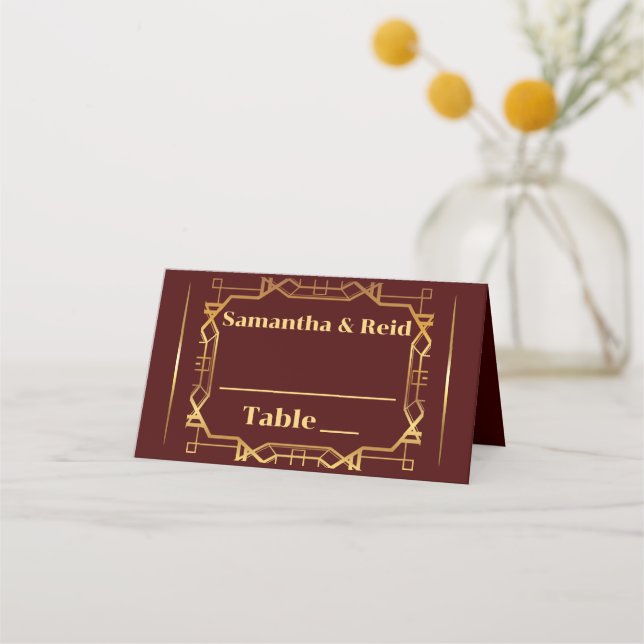 Gold on Burgundy Art Deco Wedding Place Card (Front)