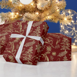Gold on Dark-Red Christmas Symbols Pattern Wrapping Paper