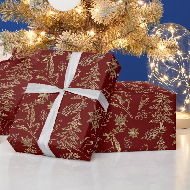 Gold on Dark-Red Christmas Symbols Pattern Wrapping Paper (Holidays)