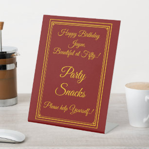 Gold on Deep Red Birthday Party Snacks Pedestal Sign
