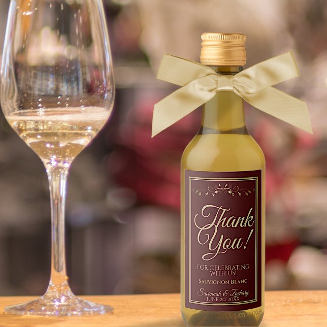 Gold on Deep Red Burgundy Wedding Mini Thank You Wine Label (Creator Uploaded)