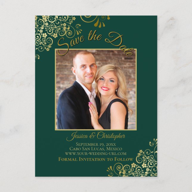 Gold on Emerald Green Wedding Save the Date Photo Announcement Postcard (Front)