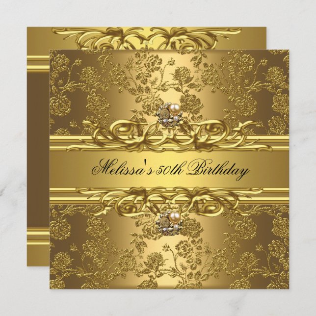 Gold On Gold 50th Birthday Party Jewels Floral Invitation (Front/Back)