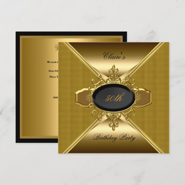 Gold On Gold Black 50th Birthday Party 3 Invitation (Front/Back)