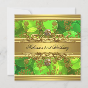 Gold On Green 21st Birthday Party Jewels Damask Invitation