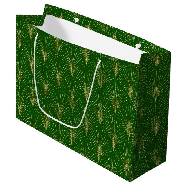 Gold on Green Art Deco Pattern Large Gift Bag (Front Angled)