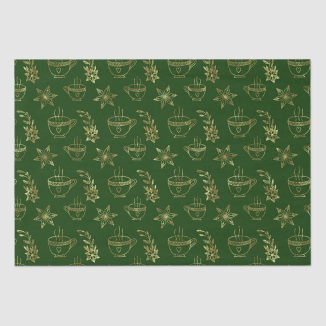 Gold on green Christmas symbols seamless pattern Tissue Paper (Front)