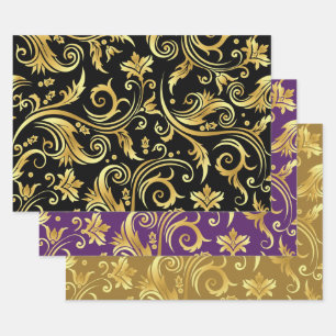 Gold on Jewel Wrapping Paper Flat Sheet Set of 3