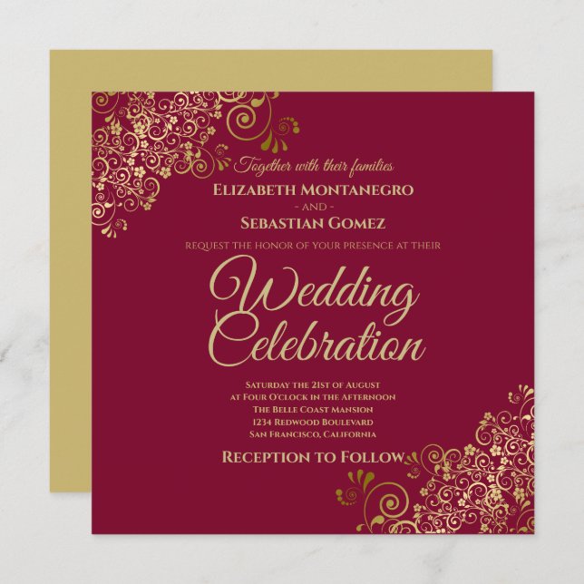 Gold on Maroon Simple Elegant Square Wedding Invitation (Front/Back)