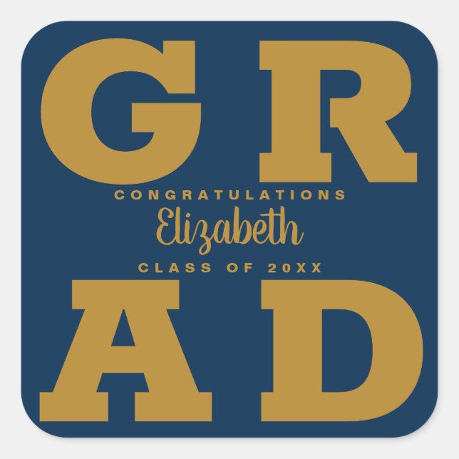 Gold on Navy Blue Bold Graduation Party Square Sticker (Front)