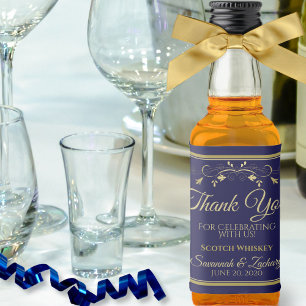 Gold on Navy Blue Wedding Thank You Mini Liquor Bottle Label