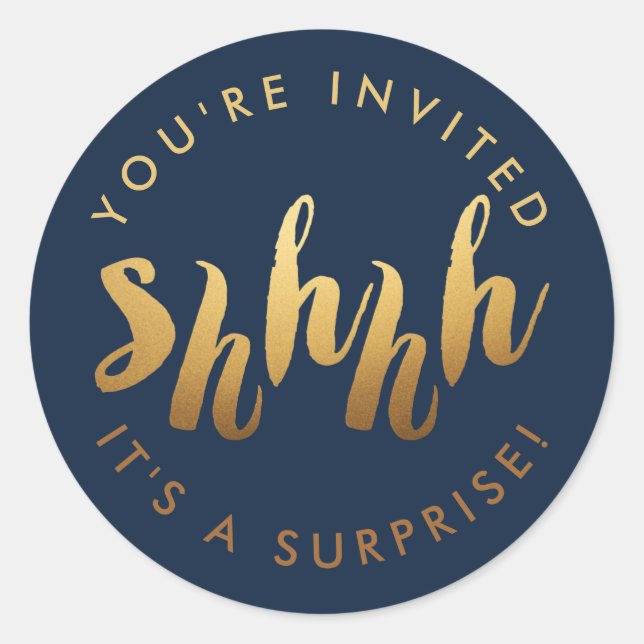 Gold on Navy Shh Surprise Custom Colour Birthday Classic Round Sticker (Front)