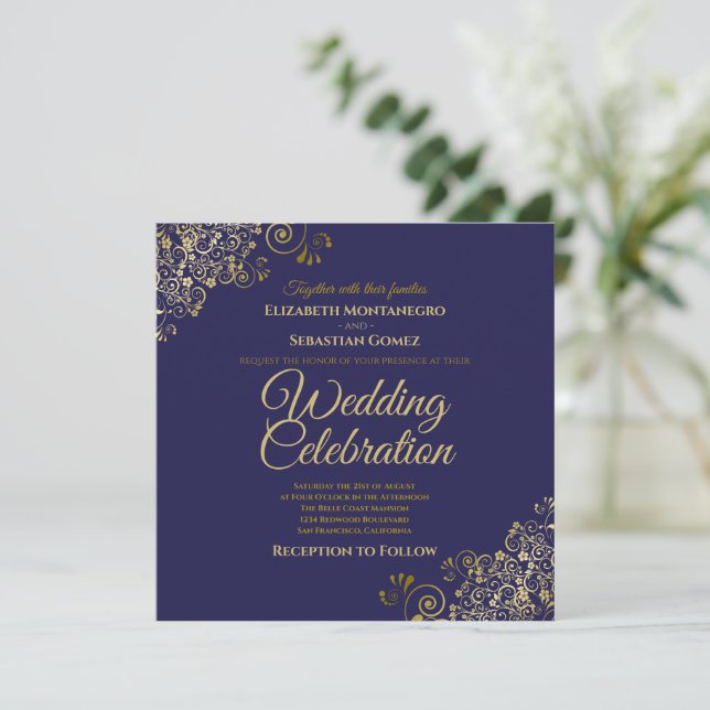Gold on Navy Simple Elegant Square Wedding Invitation (Standing Front)