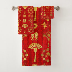 Gold on Red  Lucky Chinese Symbols  Pattern Bath Towel Set