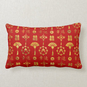 Gold on Red  Lucky Chinese Symbols  Pattern Lumbar Cushion
