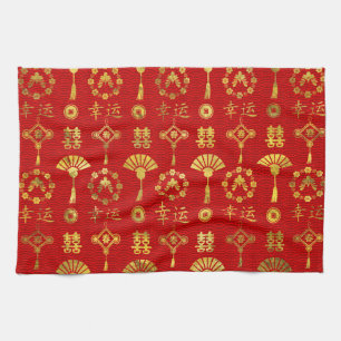 Gold on Red Lucky Chinese Symbols Pattern Tea Towel
